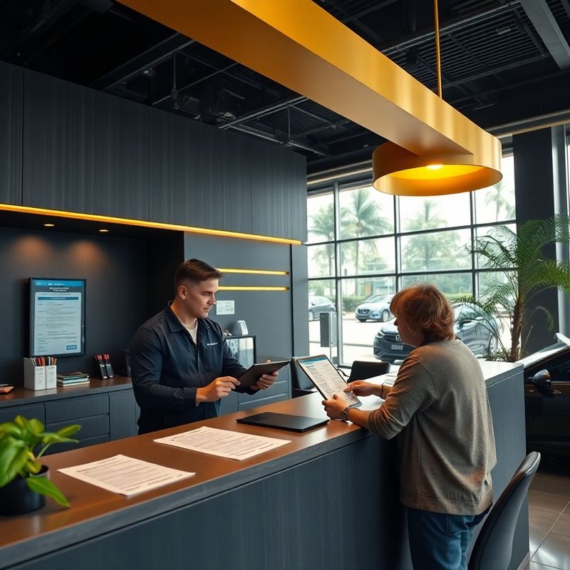 Recepção da oficina BOBAS-MED com balcão de atendimento e tablet de diagnóstico