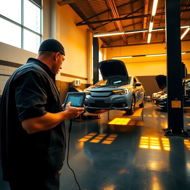 Técnico utilizando scanner eletrônico OBD em veículo sobre elevador na oficina BOBAS-MED